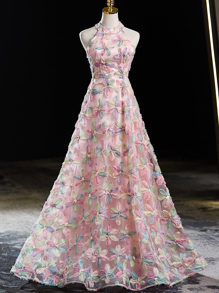 Enchanting Pastel Floral Halter Neck A-Line Evening Gown | Harmony Gallery