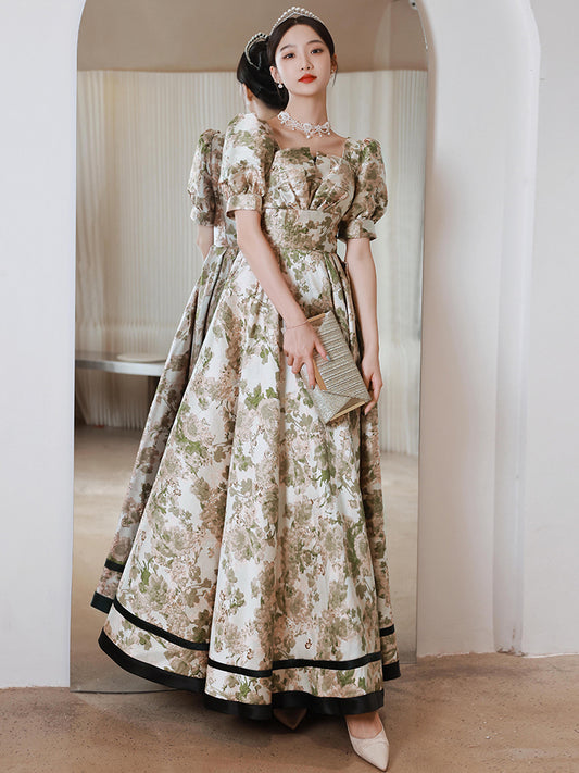 Elegant Floral Print Puff Sleeve Ball Gown with Sweetheart Neckline