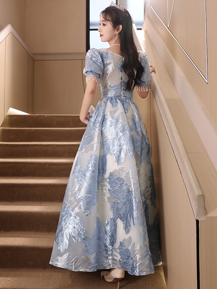 Elegant Blue Floral Embroidered Princess Ball Gown Dress with Puff Sle Elegant Blue Floral Embroidered Princess Ball Gown Dress with Puff Sle
