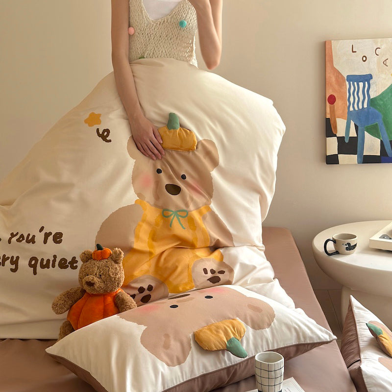 Cartoon Pumpkin Bear Fall And Winter Warm Cotton Sanded Four-Piece Bed Set - Harmony Gallery