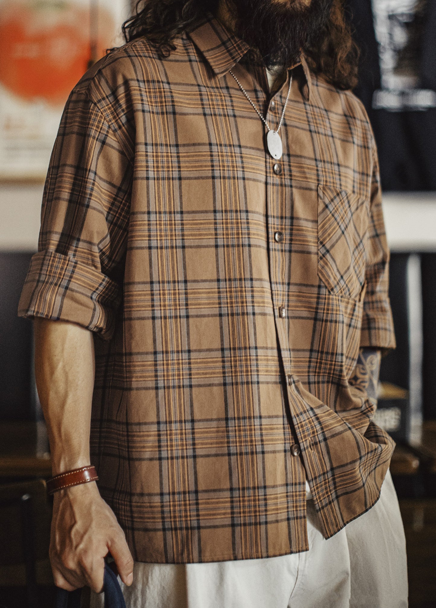 American Retro Plaid Thin Long-Sleeved Pure Cotton Brown Men's Shirt - Harmony Gallery