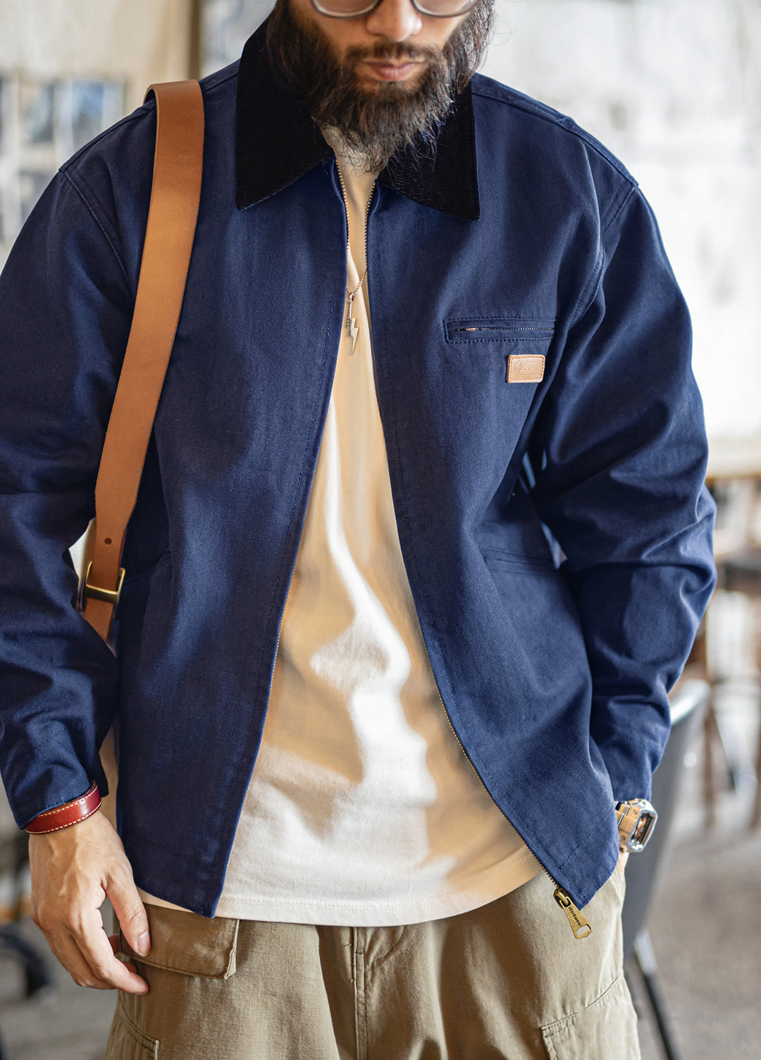 American Retro Detroit Navy Blue Hunting Barn Dragon Fruit Color Men's Jacket - Harmony Gallery