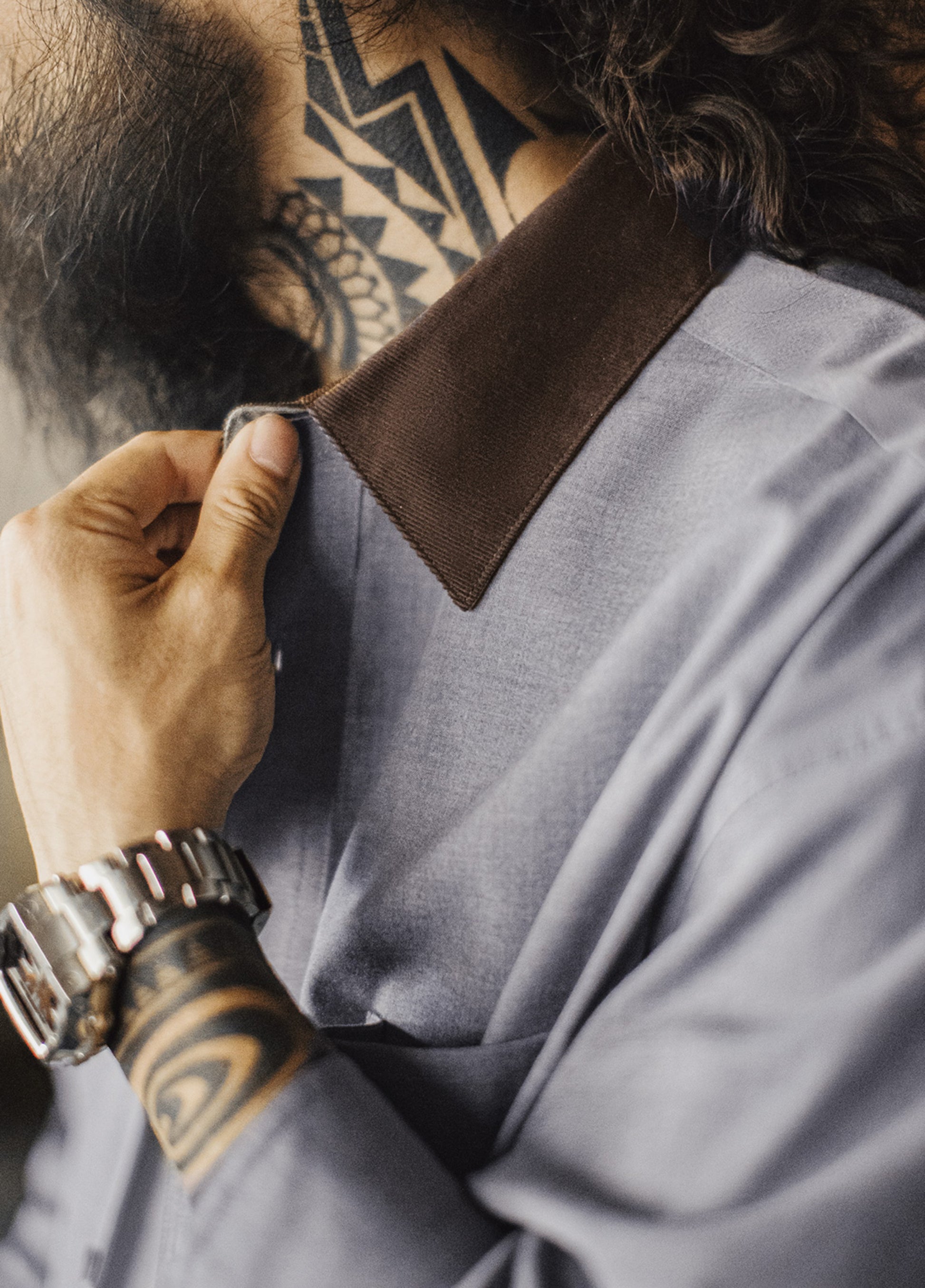 American Casual Corduroy Patchwork Meteorite Gray Thin Daily Men's Shirt - Harmony Gallery