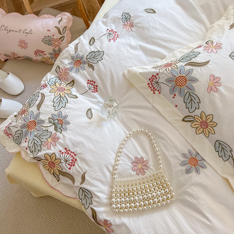 Pure Washed Cotton Floral Embroidery Pastoral Four-Piece Bed Set - Harmony Gallery