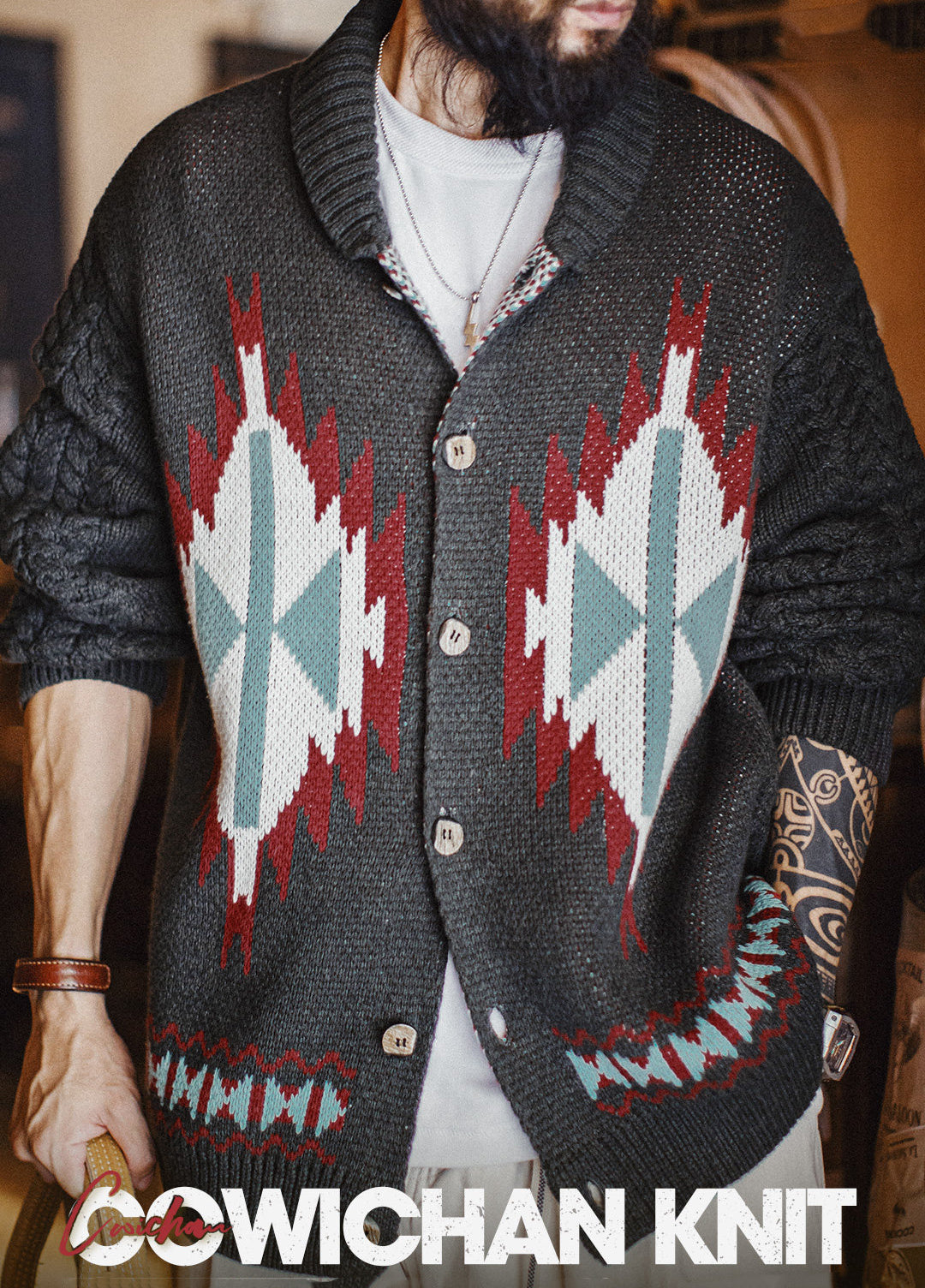 American Charcoal Gray Vintage Fruit Collar Cardigan Knitted Elasticity Men's Jacket - Harmony Gallery