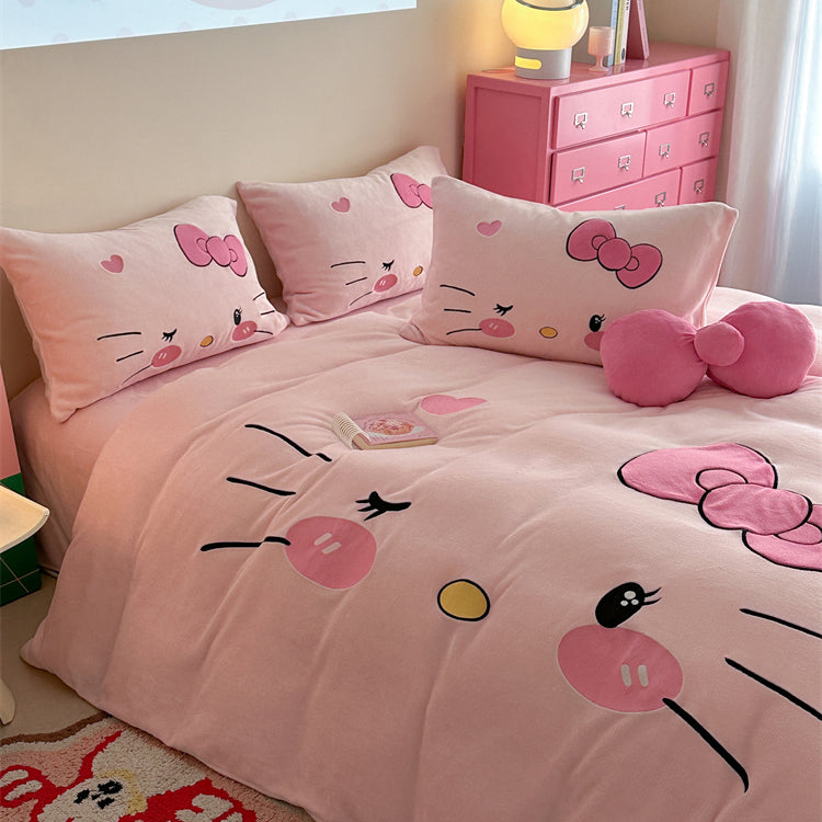 Children's Hello Kitty Little Milk Fleece Cartoon Winter Four-Piece Bed Set