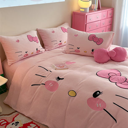 Children's Hello Kitty Little Milk Fleece Cartoon Winter Four-Piece Bed Set