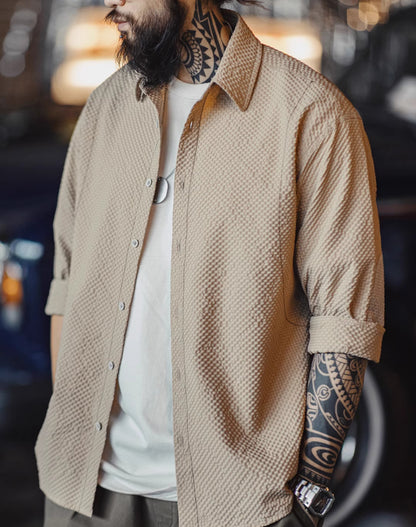 Camisa de hombre con chaqueta fina texturizada informal sin hierro americana