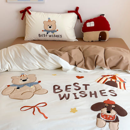 Cartoon Circus Bear Embroidery Pure Cotton Long Staple Four-Piece Bed Set