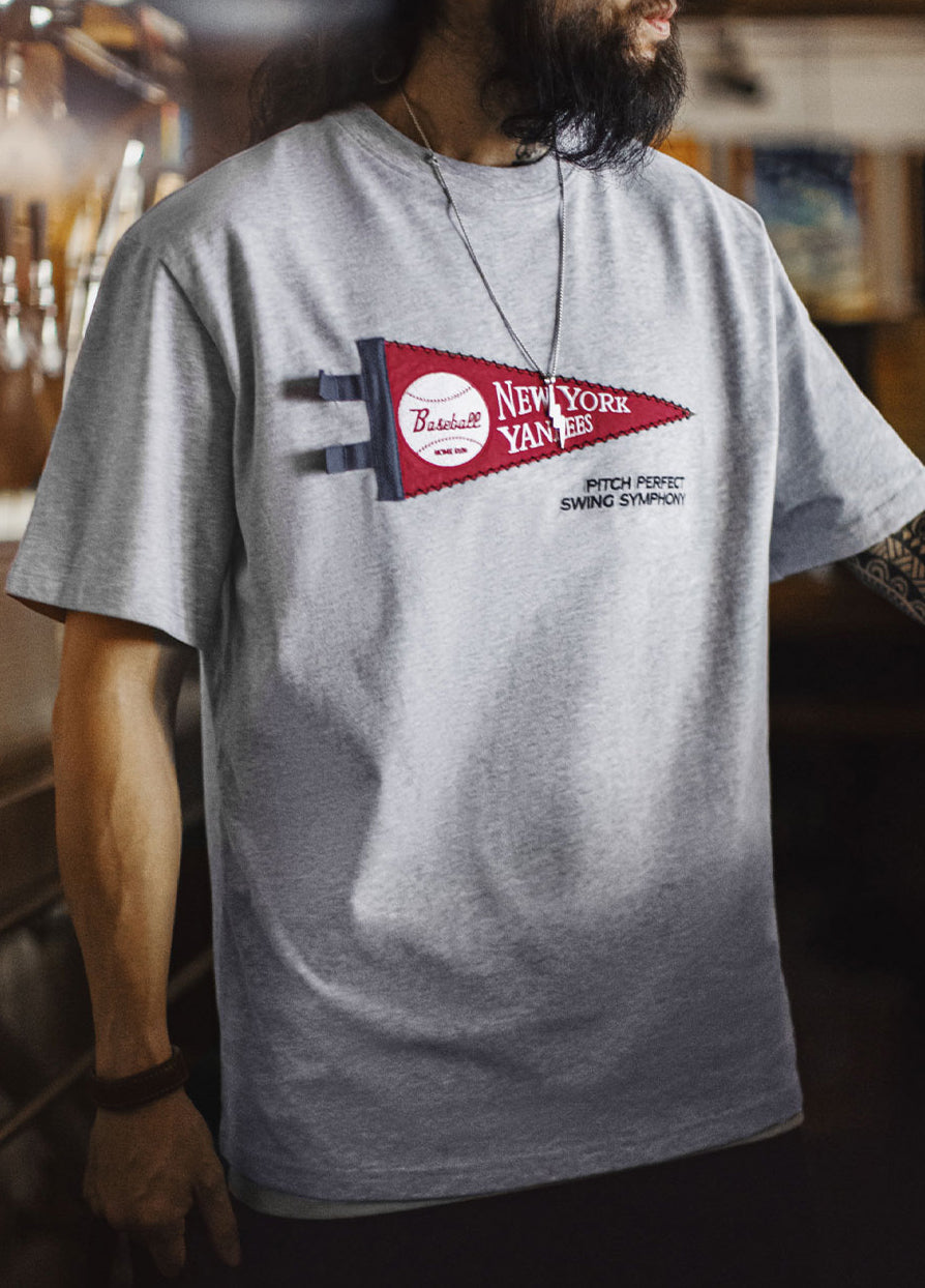 American Retro Patch Flower Gray Yankees Heavy Cotton Baseball Men's T-Shirt - Harmony Gallery