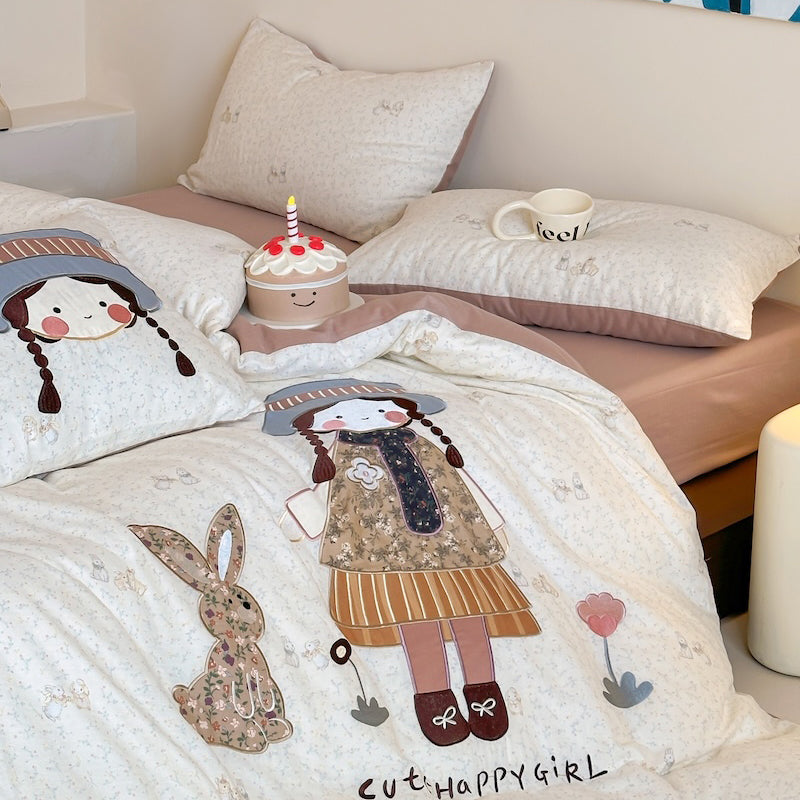 Girl Embroidered Breathable Double-Layer Super Soft Pure Four-Piece Bed Set