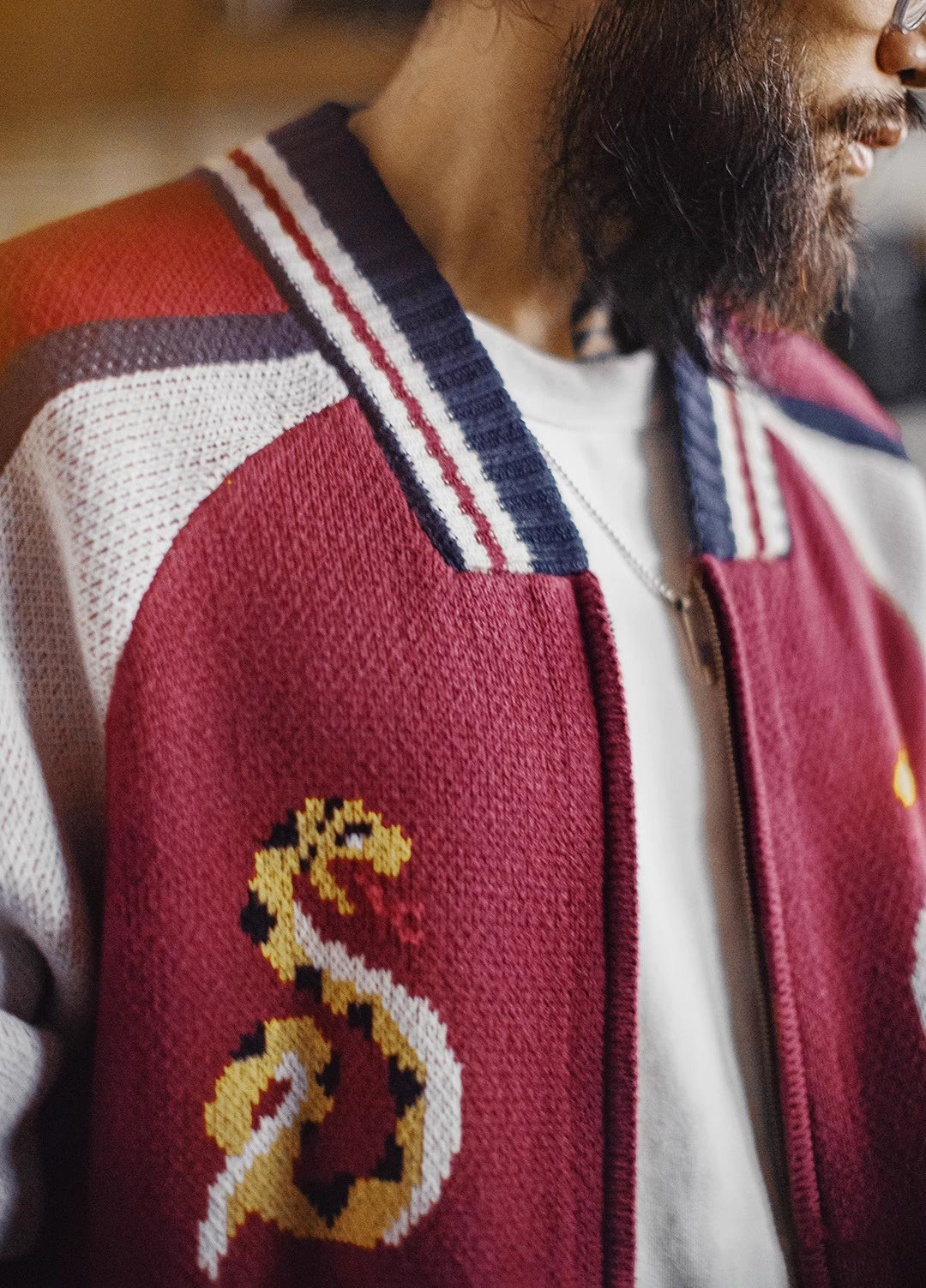 American Python Red Woolen Drape Cardigan Jacquard Keep Warm Men's Jacket - Harmony Gallery