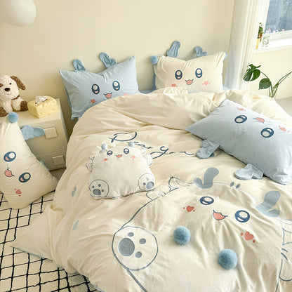 Cartoon Cute Little Fat Dragon Pure Cotton Washed Four-Piece Bed Set