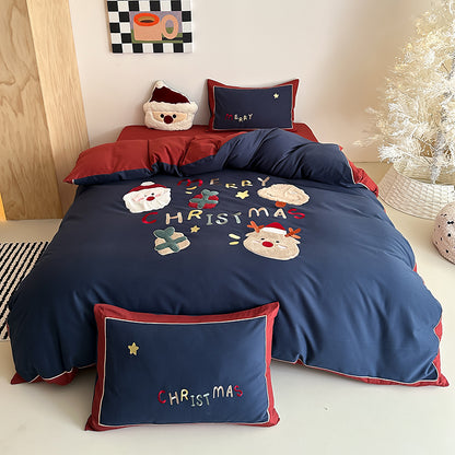 Winter Santa Claus Thickened All-Cotton Brushed Warm Four-Piece Bed Set