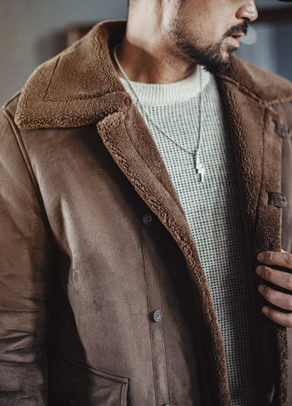 American Retro B7 Suede Parka Mid-Length Faux Lambswool Thickened Men's Coat