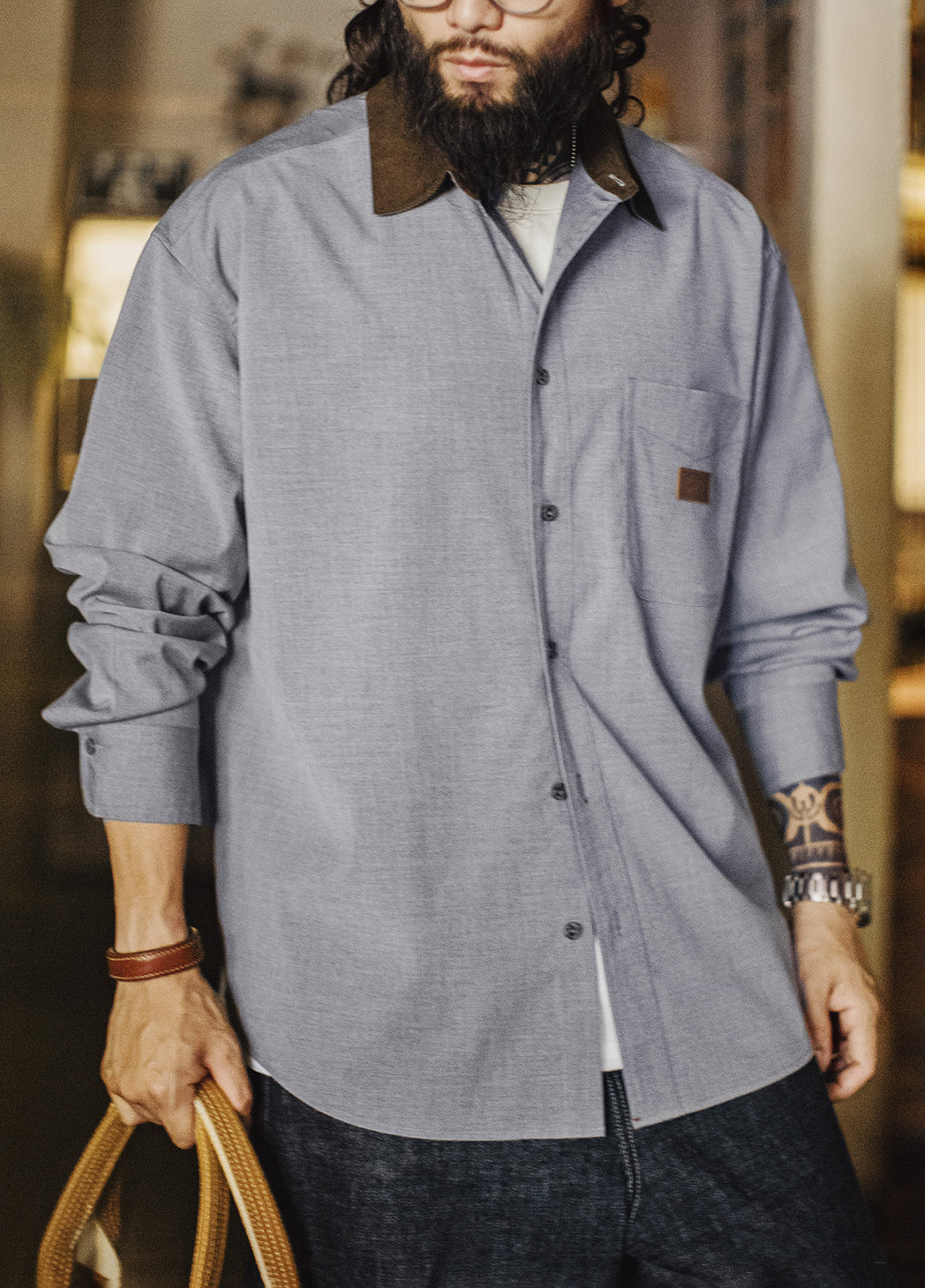 American Casual Corduroy Patchwork Meteorite Gray Thin Daily Men's Shirt - Harmony Gallery