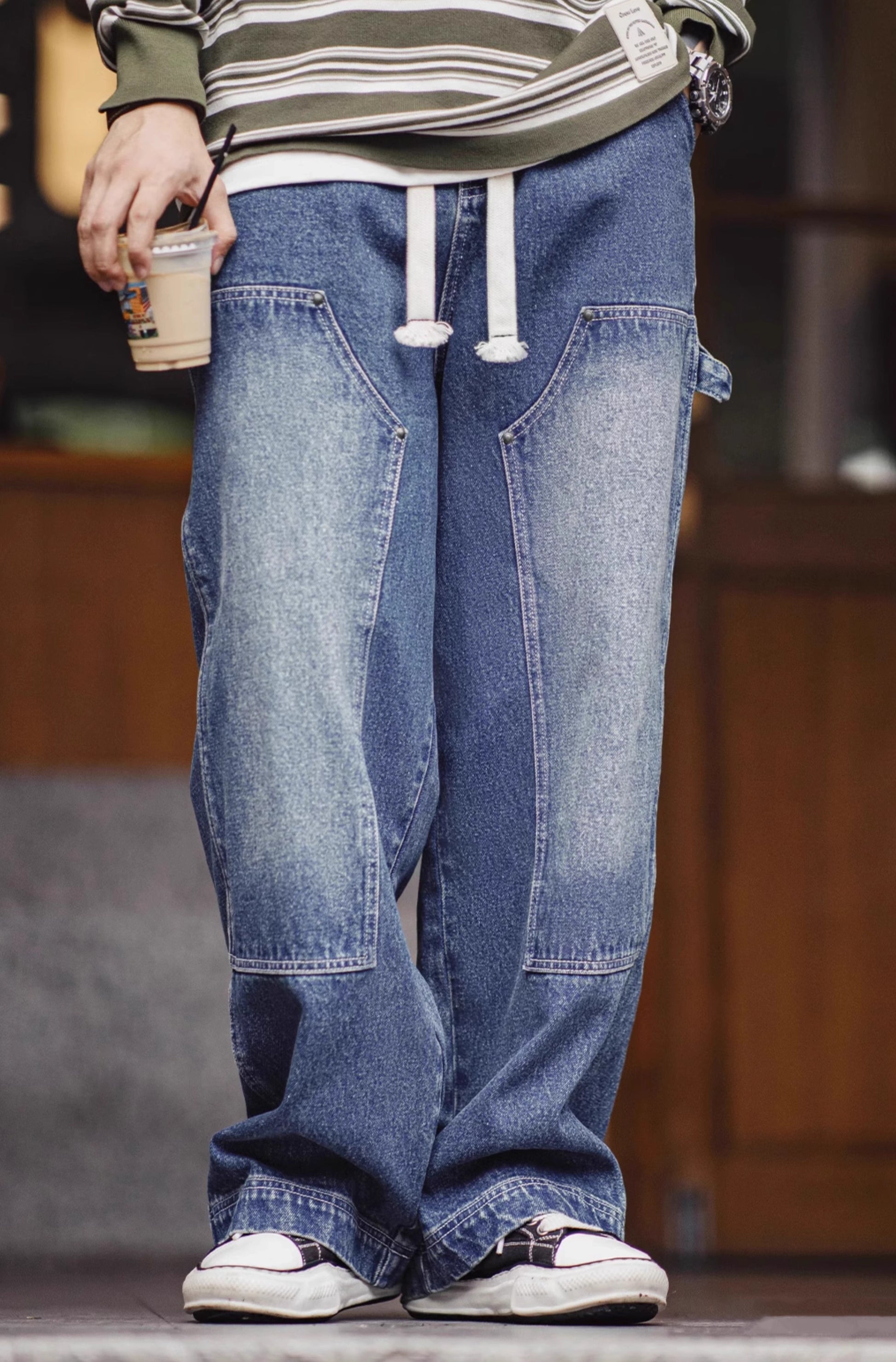 American Retro Double Knee Logging Washed And Distressed Wide-Leg Men's ...