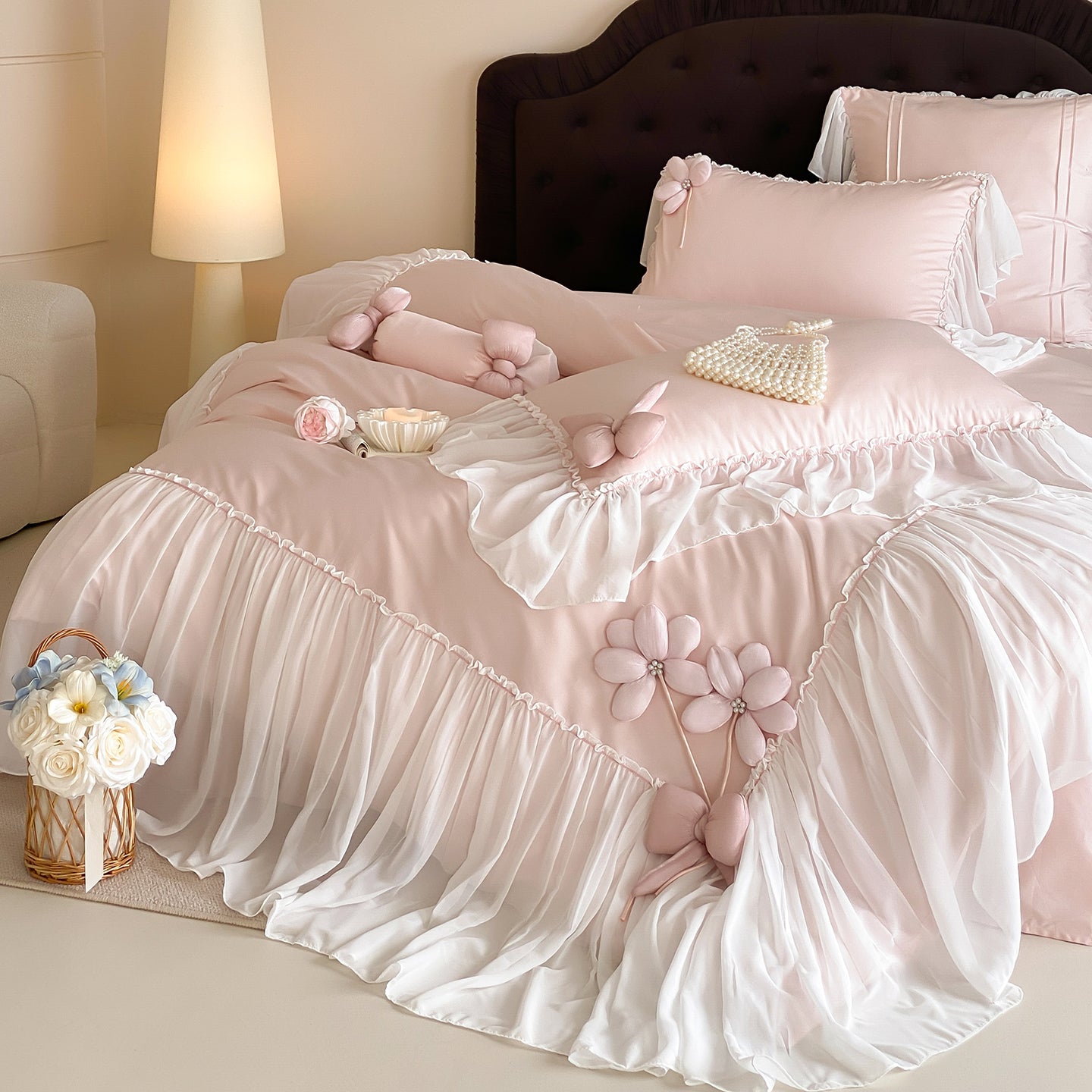 French Girly Lace-Trimmed Bow Princess Four-Piece Cotton Long-Staple Bed Set