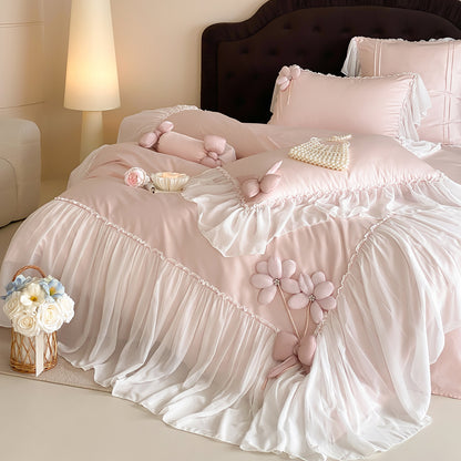 French Girly Lace-Trimmed Bow Princess Four-Piece Cotton Long-Staple Bed Set