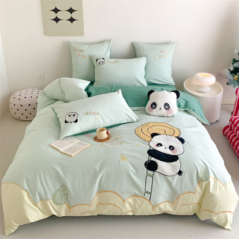 Cute Small Panda Pure Cotton Washed Four-Piece Bed Set