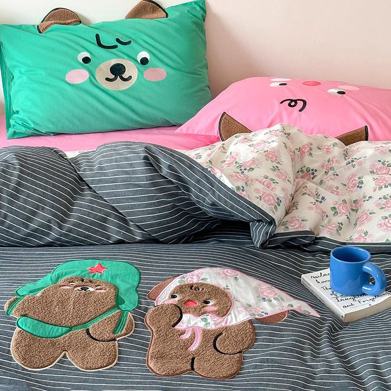 Cute Cartoon Creative Contrasting Color Washed Four-Piece Cotton Bed Set - Harmony Gallery