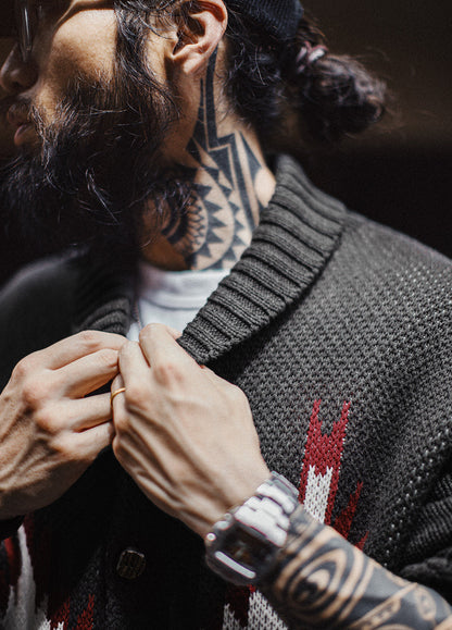 American Charcoal Gray Vintage Fruit Collar Cardigan Knitted Elasticity Men's Jacket - Harmony Gallery