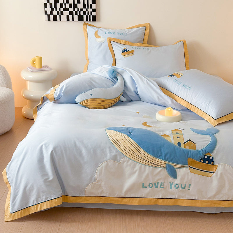 Cute Cartoon Whale For Boy And Girl  Pure Cotton Four-Piece Bed Set