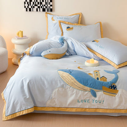 Cute Cartoon Whale For Boy And Girl  Pure Cotton Four-Piece Bed Set