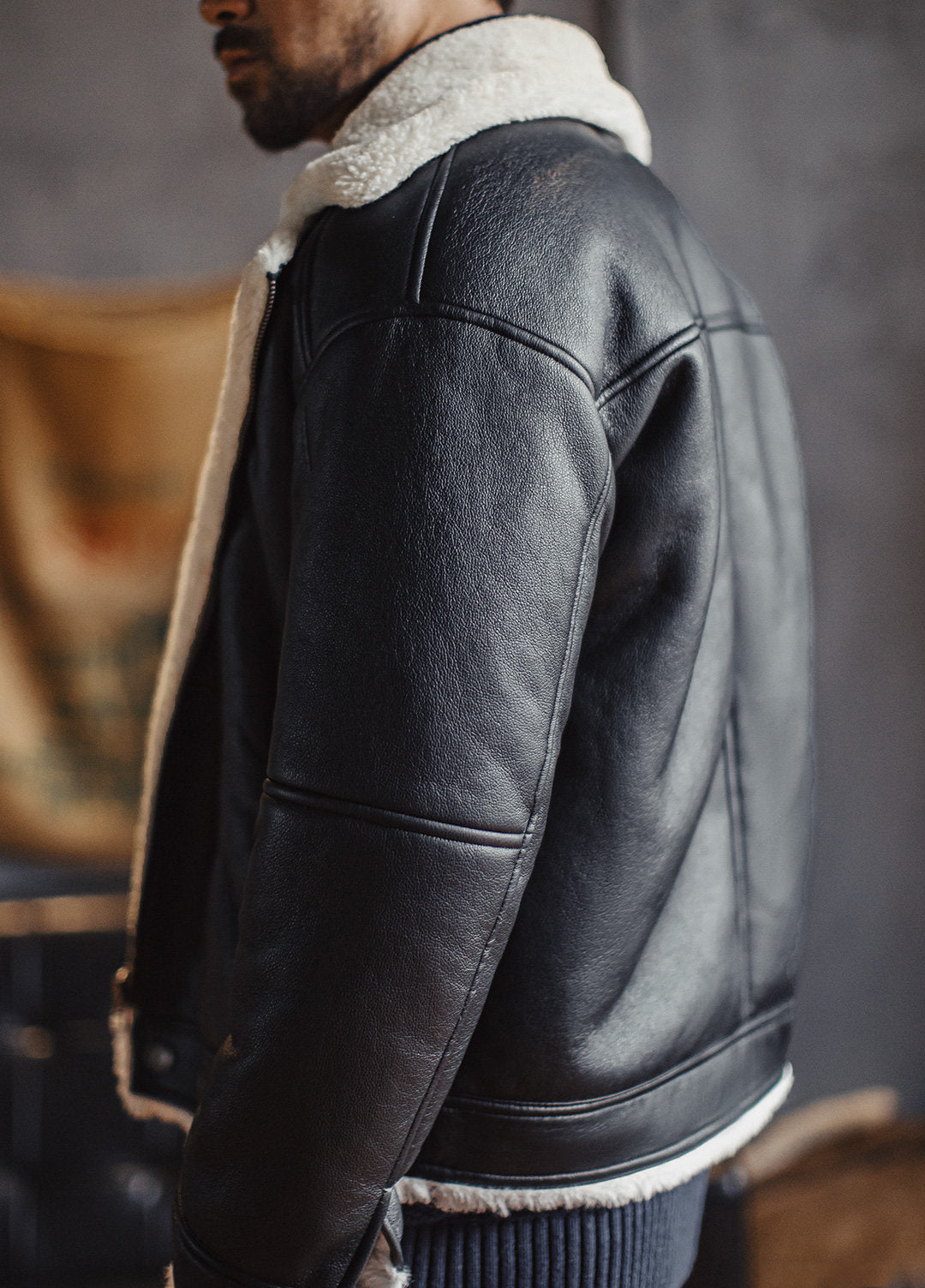 American G1 Flight Bomber Faux Textured Lambswool Lychee Leather Men's Jacket