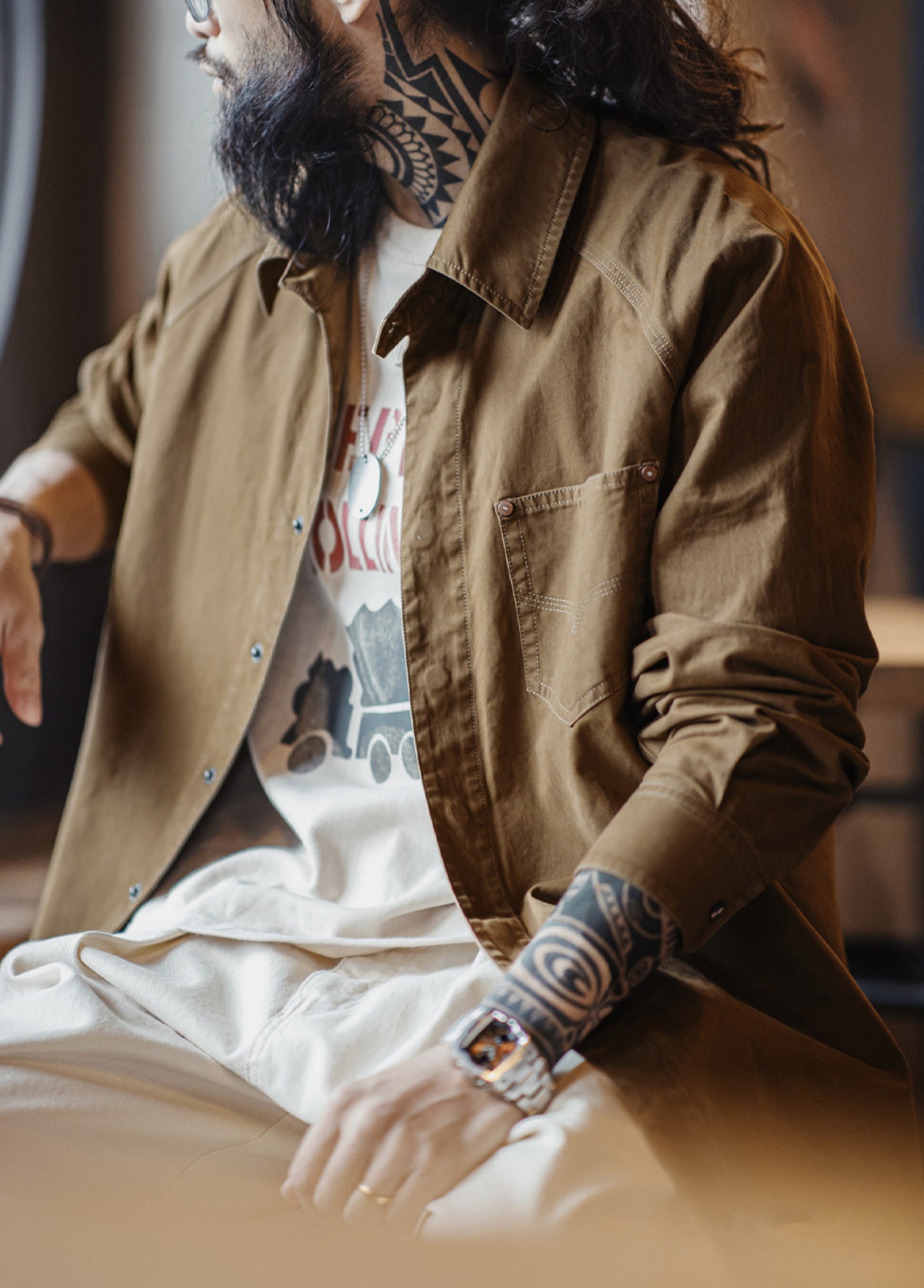 American Retro Printed Maillard Western Denim Pure Cotton Men's Shirt - Harmony Gallery