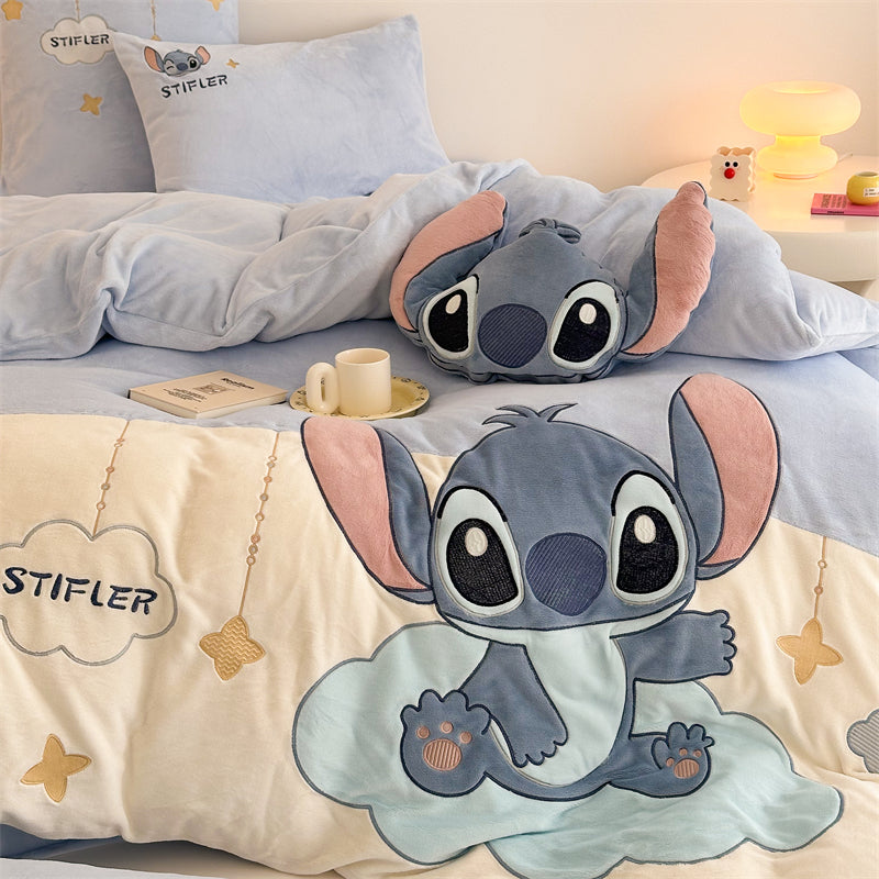 Cartoon Stitch Milk Velvet Winter Heat Storage Four-Piece Bed Set