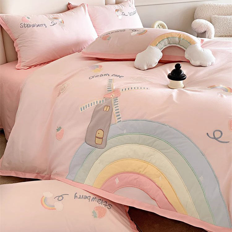 Cute Girly Heart Rainbow Pure Cotton Washed Four-Piece Bed Set - Harmony Gallery