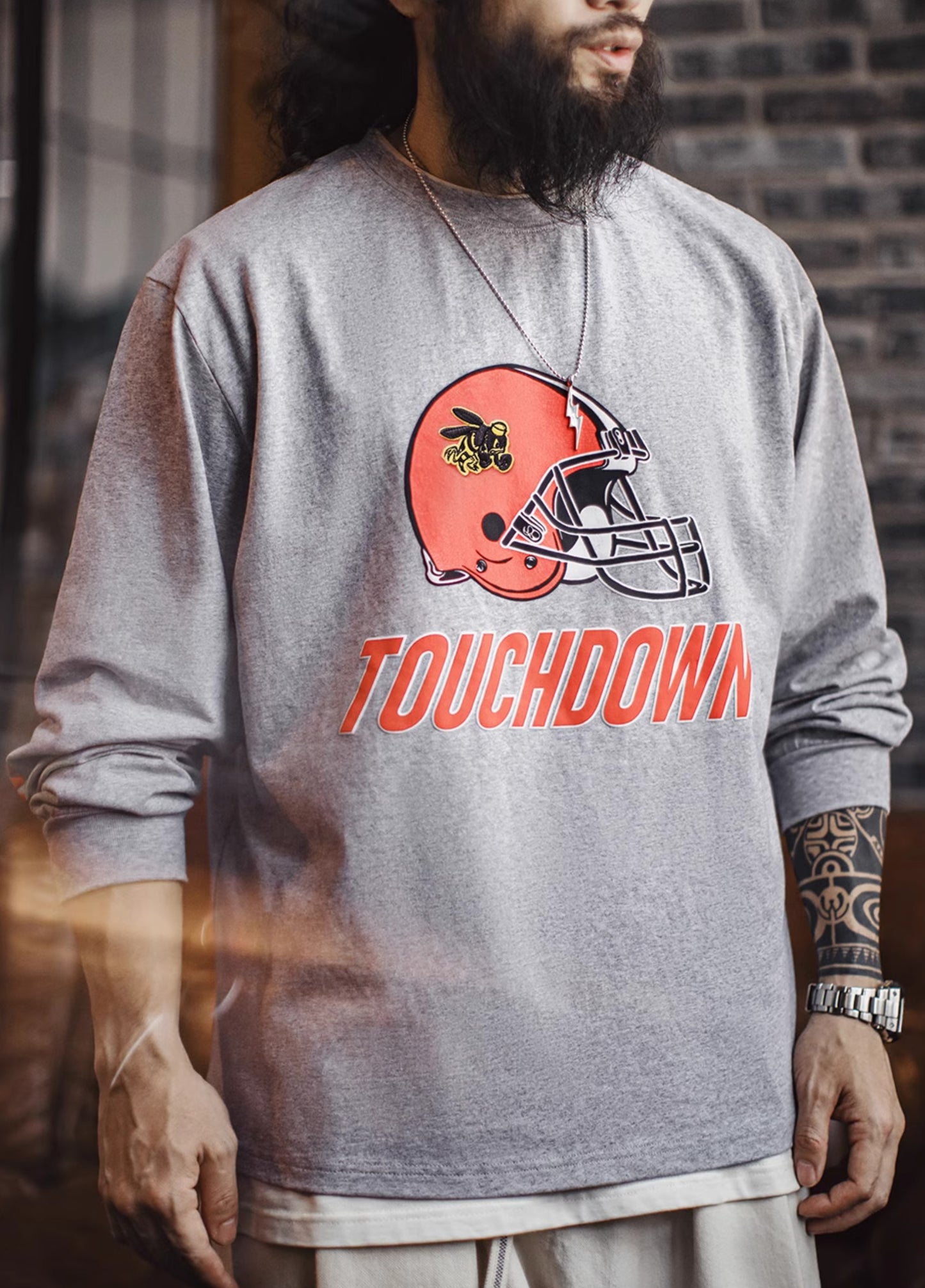 American Retro Embroidery Print Long-Sleeved Gray Pullover Men's Sweater - Harmony Gallery