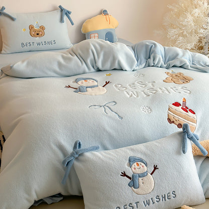 Winter Snowman Bear Thickened Cashmere Four-Piece Warm Milk Velvet Bed Set