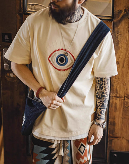 American Retro Guardian Eye Embroidered Cotton Men's T-Shirt - Harmony Gallery