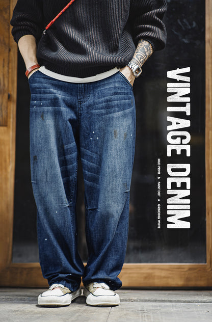 American Distressed White Cat Whisker Washed Ink-Splashed Herrenjeans