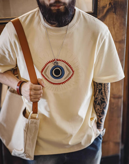 American Retro Guardian Eye Embroidered Cotton Men's T-Shirt - Harmony Gallery
