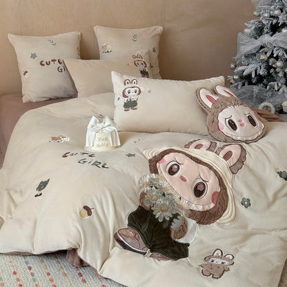 Cool Bear Cartoon Coral Fleece Warm Double-Sided Thick Four-Piece Bed Set