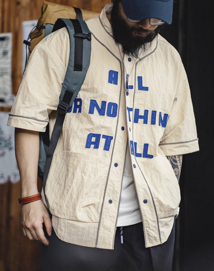 American Retro Wrinkled Vibe Sports Letter Cardigan Camisa de hombre