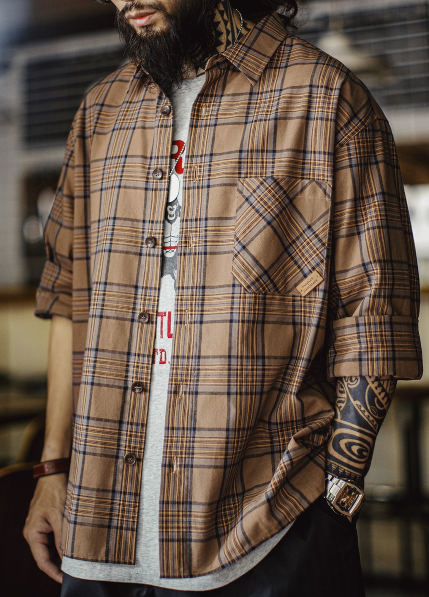 American Retro Plaid Thin Long-Sleeved Pure Cotton Brown Men's Shirt - Harmony Gallery