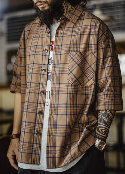 American Retro Plaid Thin Long-Sleeved Pure Cotton Brown Men's Shirt - Harmony Gallery