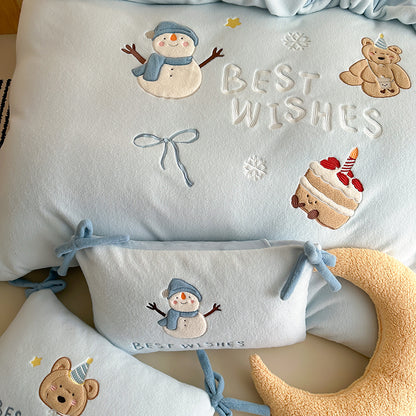 Winter Snowman Bear Thickened Cashmere Four-Piece Warm Milk Velvet Bed Set