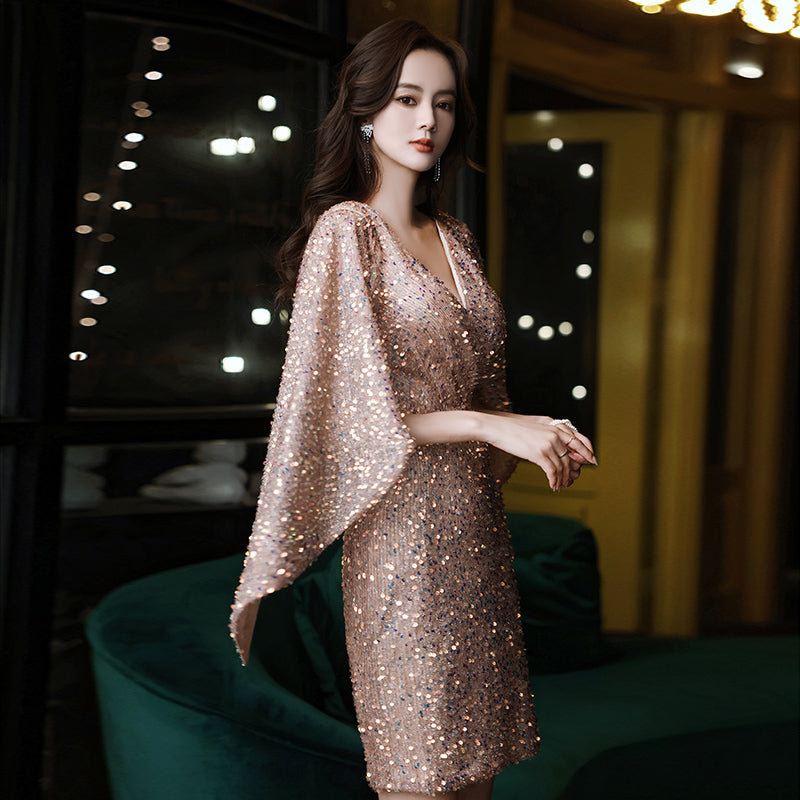 Stunning Rose Gold Sequin Mini Dress with Dramatic Cape Sleeves Stunning Rose Gold Sequin Mini Dress with Dramatic Cape Sleeves