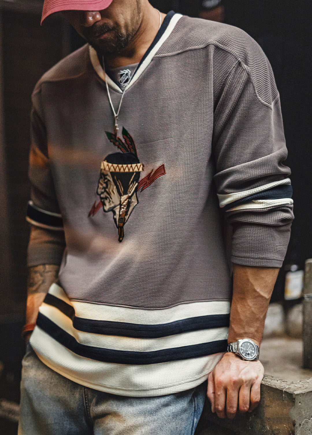 American Retro Waffle Long-Sleeved Embroidered Knitted Heavy Men's Sweater - Harmony Gallery