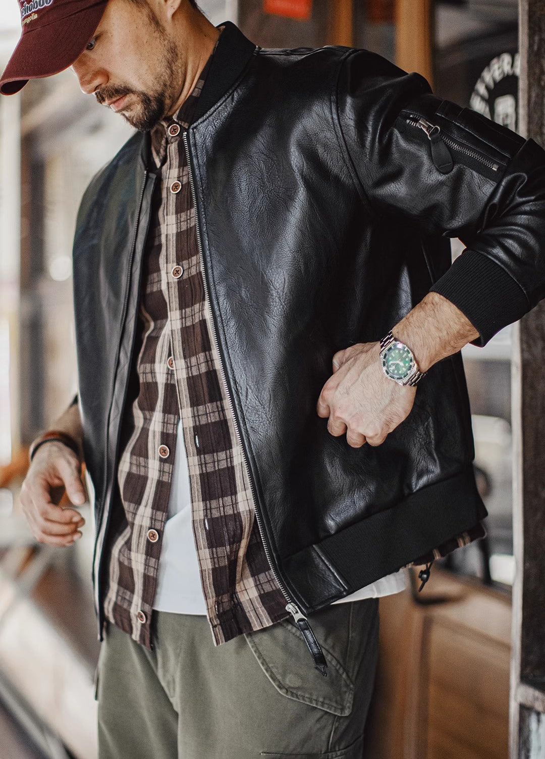 American MA1 Pilot Leather Handsome Short Lychee Pattern Men's Jacket - Harmony Gallery