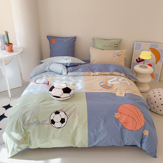 Children's Cartoon Football Boy Pure Cotton Washed Four-Piece Bed Set