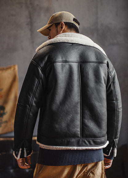 American G1 Flight Bomber Faux Textured Lambswool Lychee Leather Men's Jacket