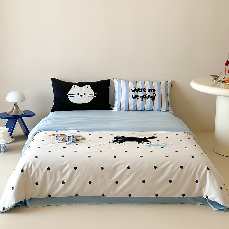 Black Polka Dot Cat Pure Cotton Skin-Friendly Four-Piece Bed Set