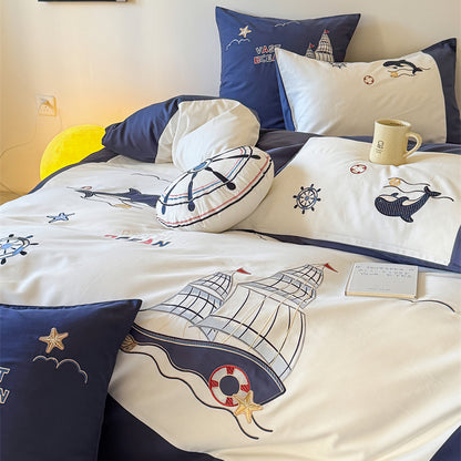 Cute Cartoon Brushed Boy Embroidered Pure Cotton Four-Piece Bed Set