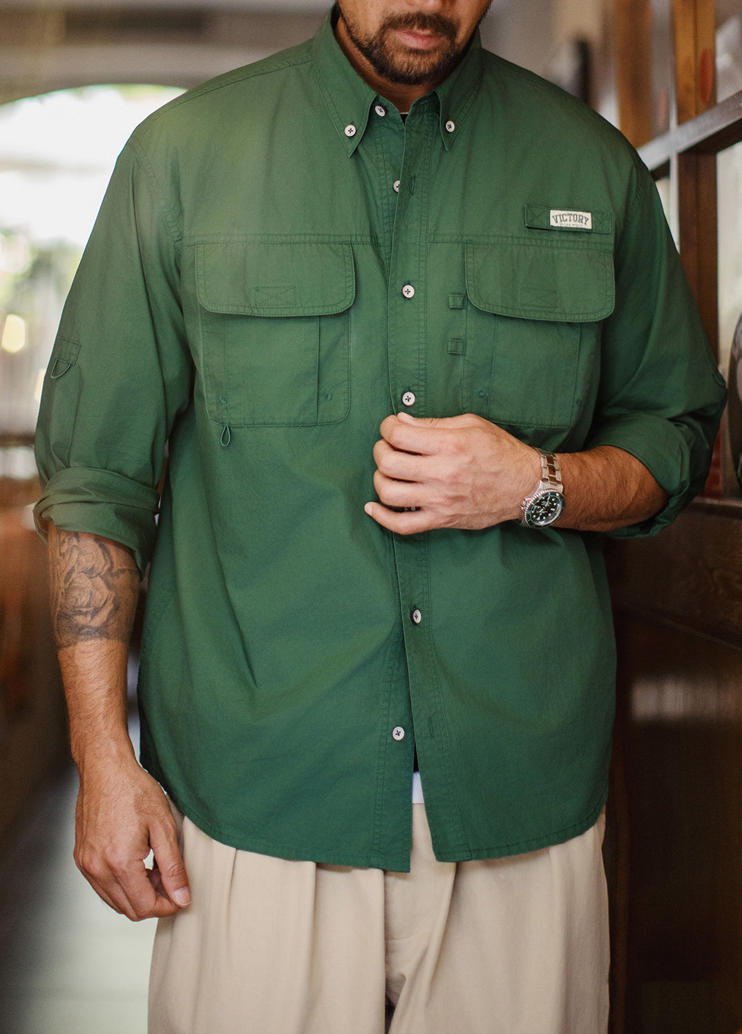 American Retro Multi-Pocket Green No Bullet  Layered Thin Men's Shirt - Harmony Gallery